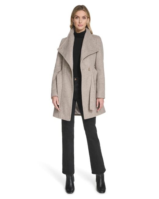 Calvin Klein Natural Asymmetrical Belted Wrap Coat