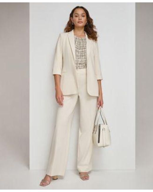 Calvin Klein Natural Open Front 3 4 Sleeve Blazer Printed Sleeveless Pleat Neck Top Mid Rise Wide Leg Pants