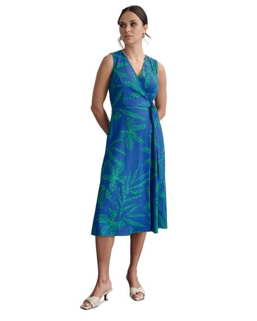 DKNY Blue Printed Side-tie Sleeveless A-line Dress
