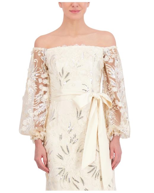 Eliza J Natural Sequin Embroidered Balloon-sleeve Gown