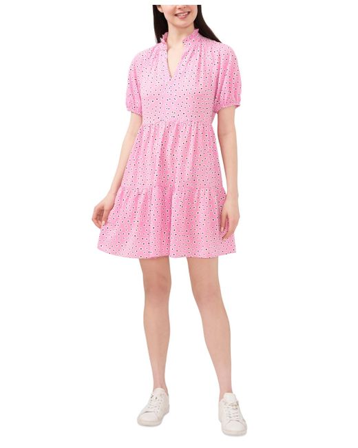 Cece Pink Short Sleeve Tiered V-neck Baby Doll Dress