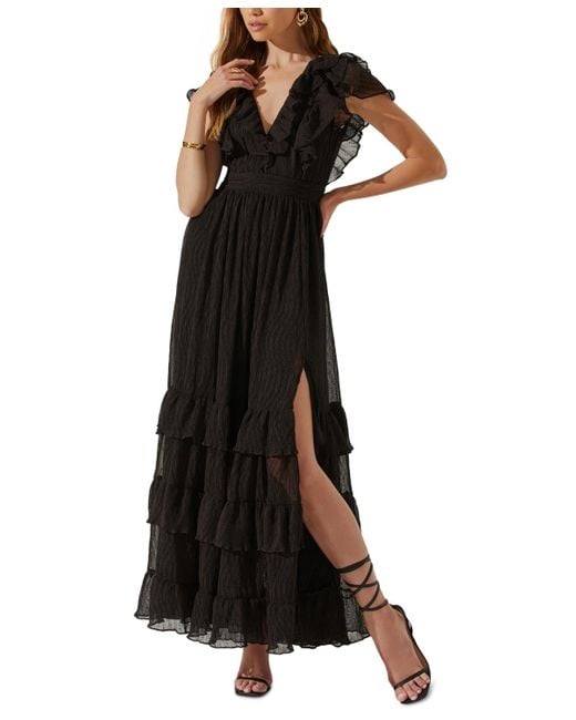 Astr Black Tiara Tiered-ruffled V-neck Dress