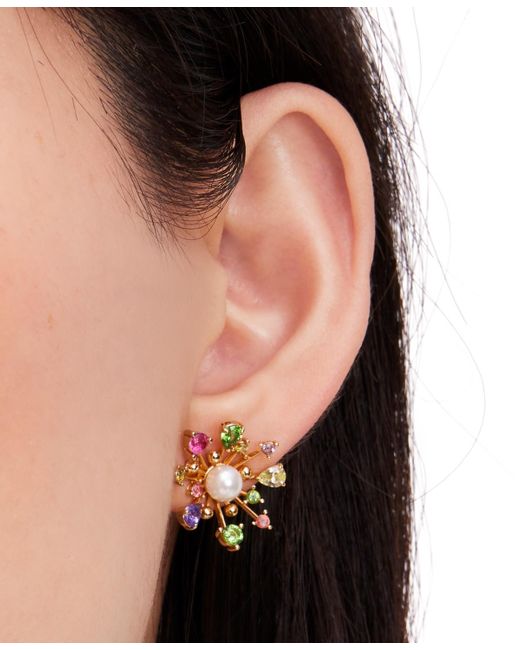 Kate Spade Metallic Gold-tone Color Cubic Zirconia & Imitation Pearl Flower Stud Earrings