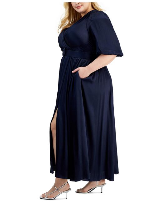 Taylor Blue Plus Size Surplice-neck Belted Satin Maxi Dress