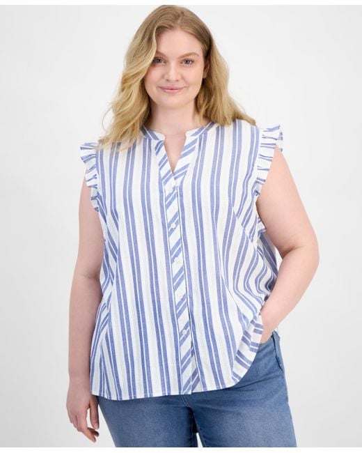 Tommy Hilfiger Blue Plus Size Striped Cotton Top