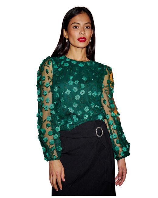 Yumi' Green Long Sleeve Sheer Floral Top