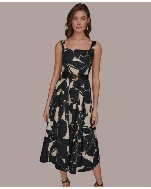 Casual Dresses Donna Karan Midi Dresses Donna Karan Women's Sleeveless  Square Neck Floral A-line Midi Dress