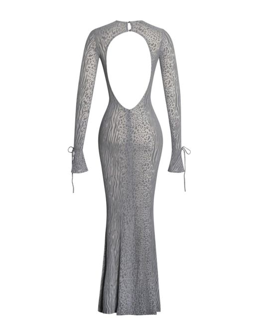 Miss Circle White Waylynn Gray Animal Print Burnout Velvet Detail Mesh Backless Maxi Dress