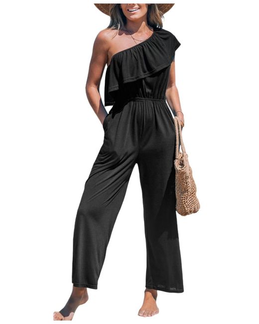 CUPSHE Black Ruffled One-shoulder Jumpsuit