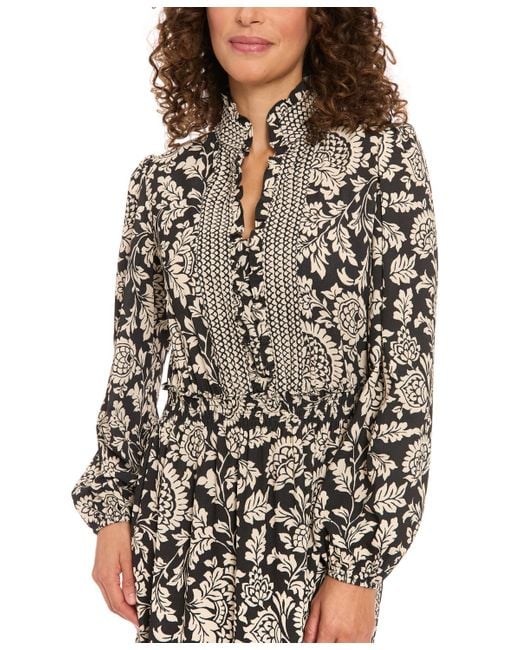 London Times White Ruffle Neck Smocked Waist Dress