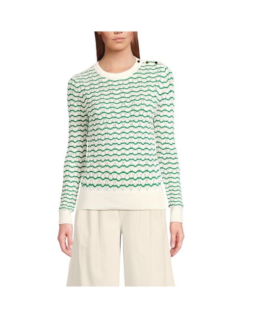 Lands' End Green Cotton Viscose Button Shoulder Modern Crew Sweater