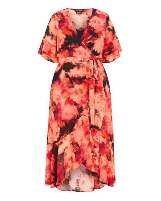 City Chic Red Plus Size Mischa Floral Wrap Ruffle Maxi Dress