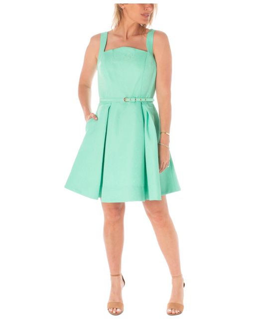 Maison Tara Green Belted Jacquard Fit & Flare Dress