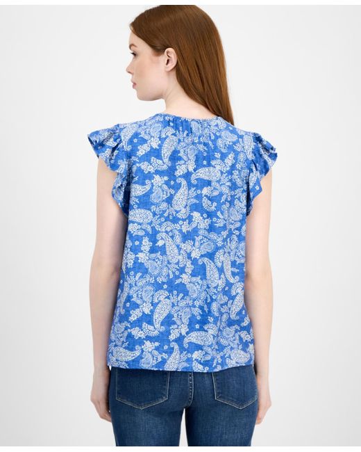 Tommy Hilfiger Blue Floral-print Flutter-sleeve Top