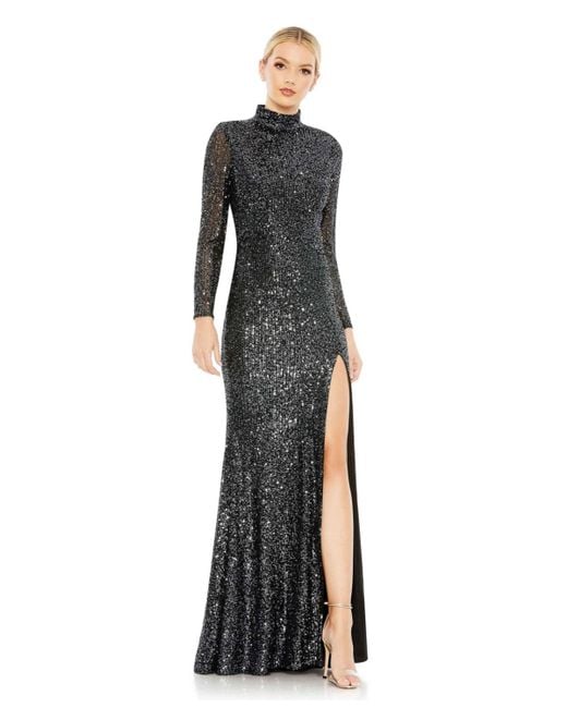 Mac Duggal Black Ieena Sequined High Neck Long Sleeve Lace Up Gown