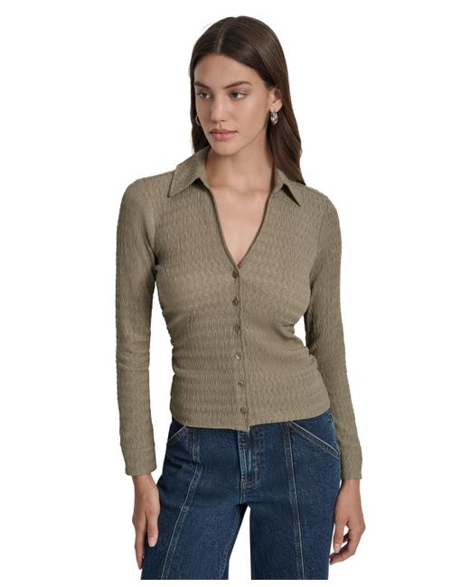 DKNY Multicolor Textured Collared Button-front Top