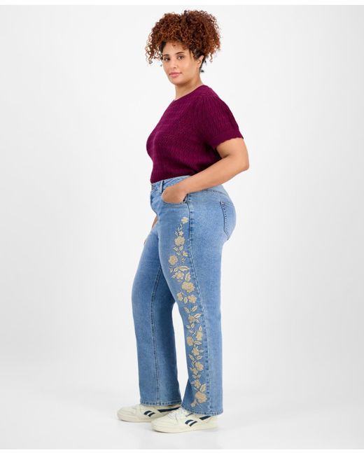 And Now This Blue Trendy Plus Size High-rise Embroidered Jeans