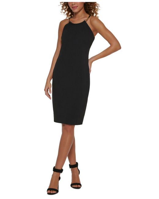 Calvin Klein Synthetic Goldtone Trim Halter Dress in Black Lyst