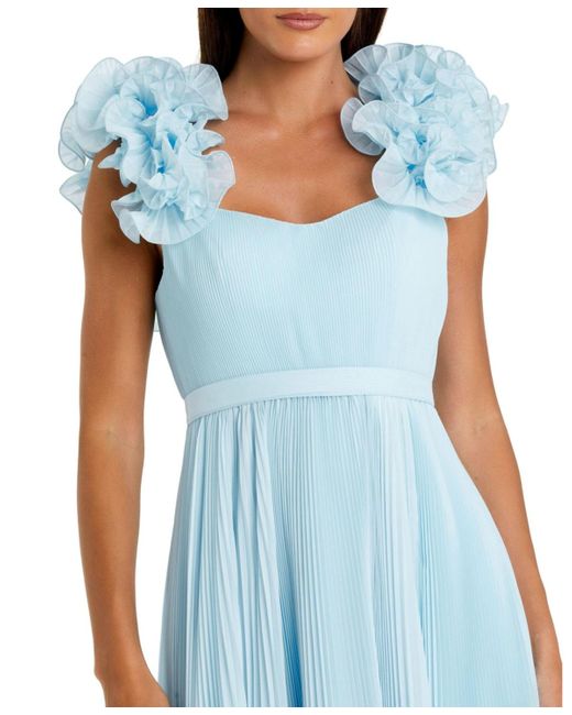 Mac Duggal Blue Pleated Organza Gown With Ruffle Straps