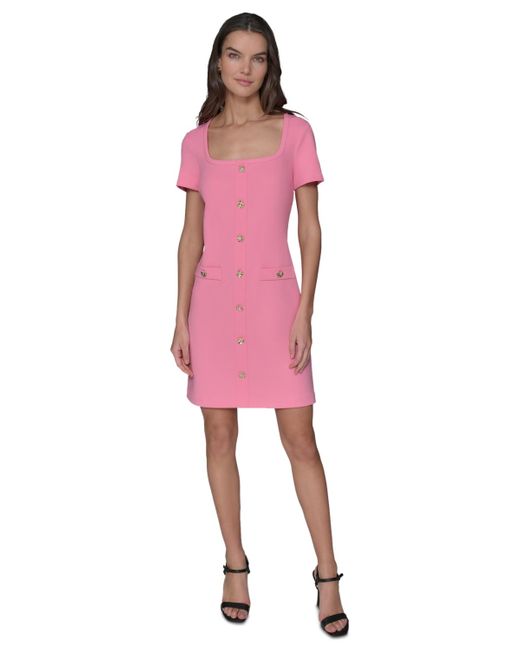 Karl Lagerfeld Pink Flower-button Square-neck Sheath Dress