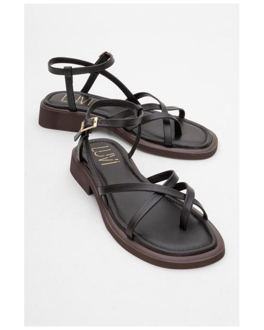 Forever & Always Shoes Black Antas Strappy Leather Flat Sandals ()