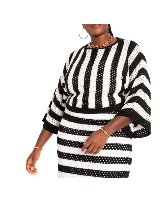 Eloquii Black Plus Size Crochet Wide Sleeve Striped Sweater