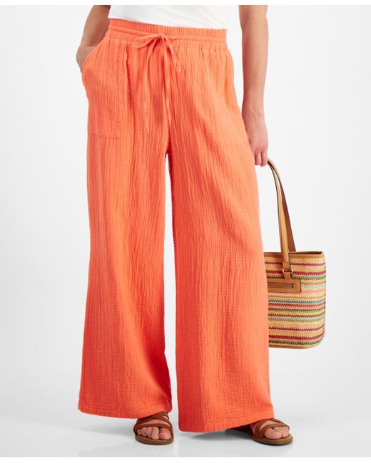 Style & Co. Orange Petite Gauze Wide-leg Pull-on Pants