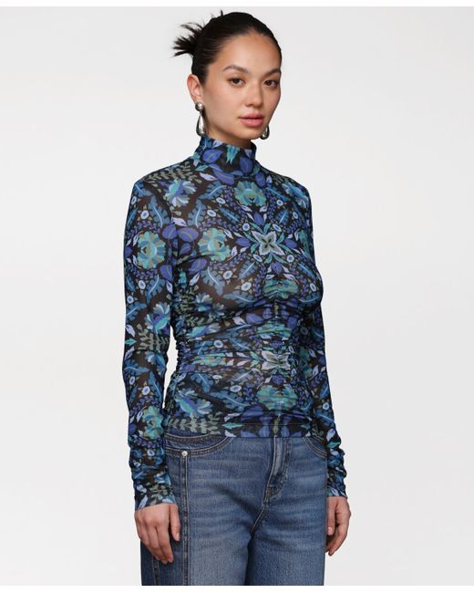 Avec Les Filles Blue Printed Mesh Mock Neck Ruched Top