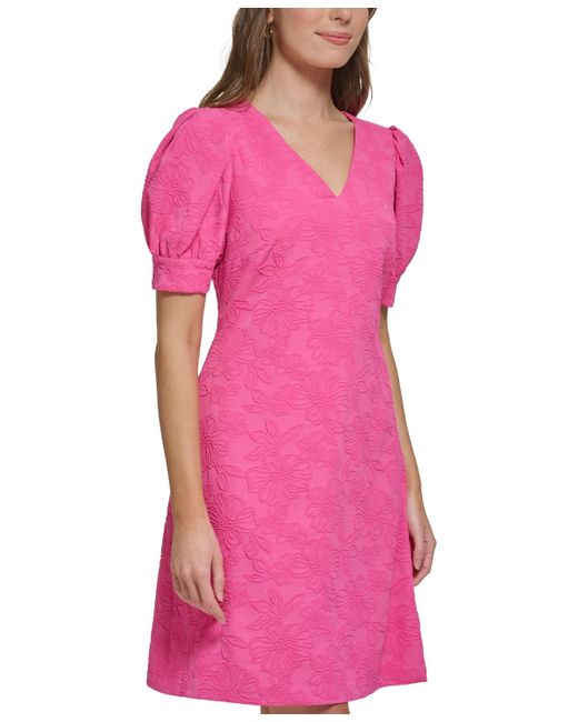 Tommy Hilfiger Pink Petite Puff-sleeve Jacquard Dress