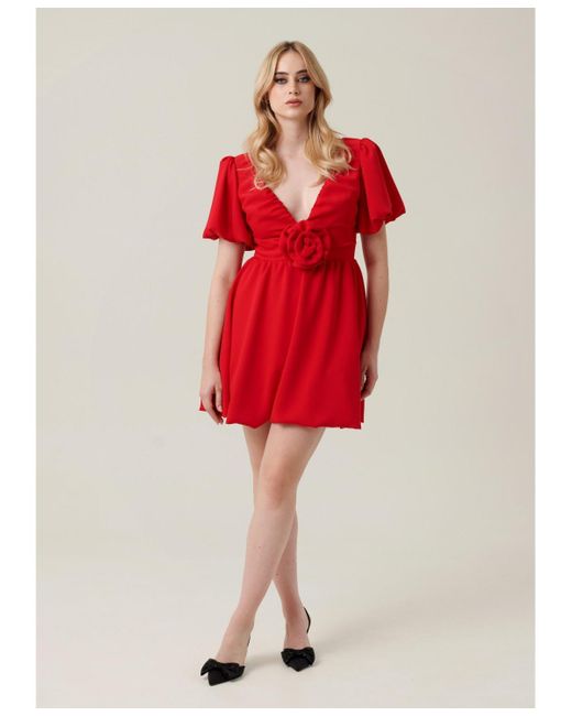Nanas Red Puffed Sleeve Mini Cocktail Dress