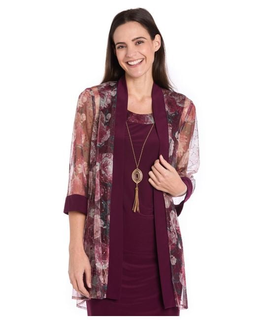 R & M Richards Red Petite Printed Scoop Neck Jacket Dress