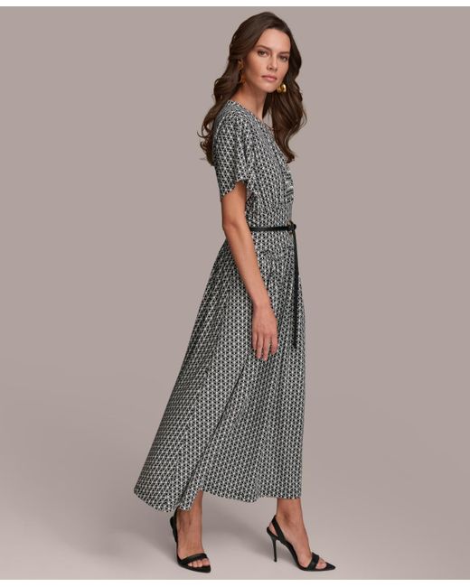 Donna Karan Gray Printed Belted A-line Dress