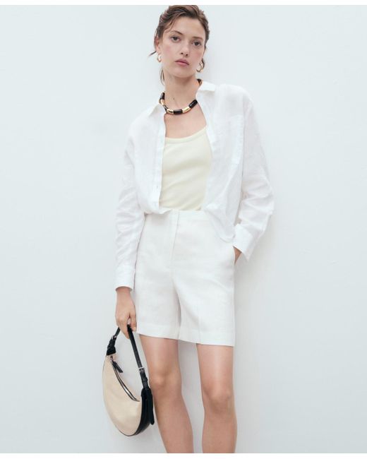 Mango White Straight-fit Linen Shorts