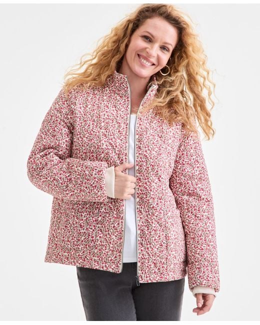 Style & Co. Pink Cotton Printed Puffer Jacket