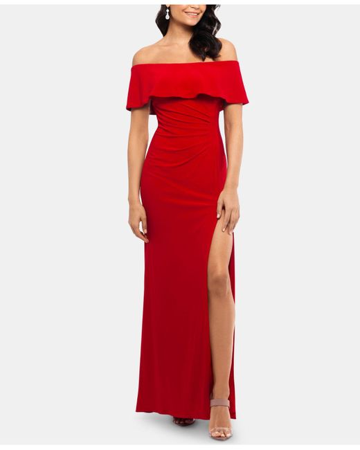 xscape ruffle off the shoulder gown