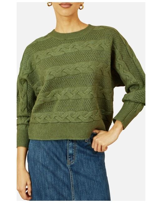 Yumi' Green Cable Knit Relaxed Fit Jumper