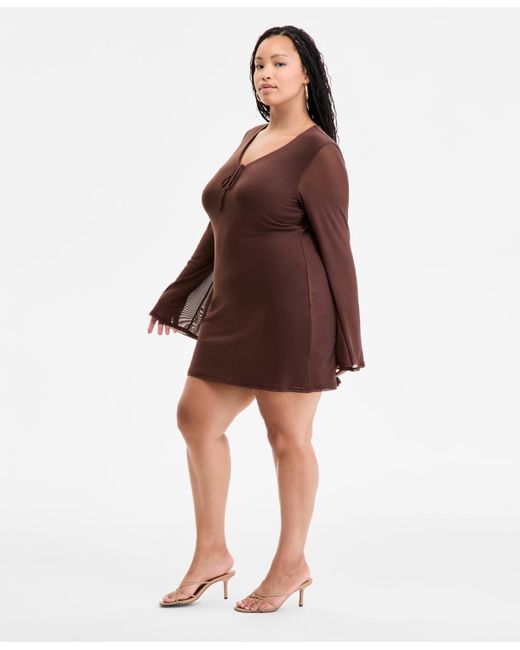 BarIII Red Plus Size Long-sleeve Solid-mesh Mini Dress