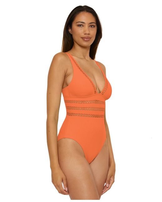 Becca Orange Modern Edge Ribbed One-piece Swimsuit
