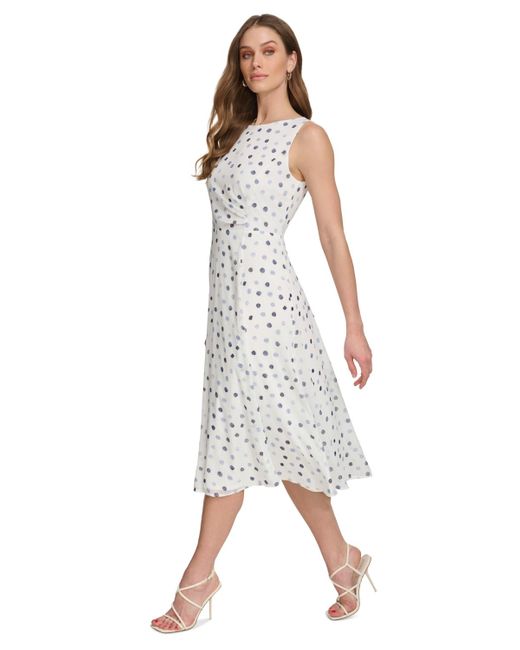 DKNY White Dot-print Sleeveless Midi Dress