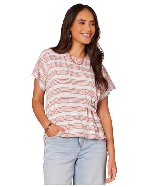 Democracy Red Petite Crewneck Side-pleated Short-sleeve Top