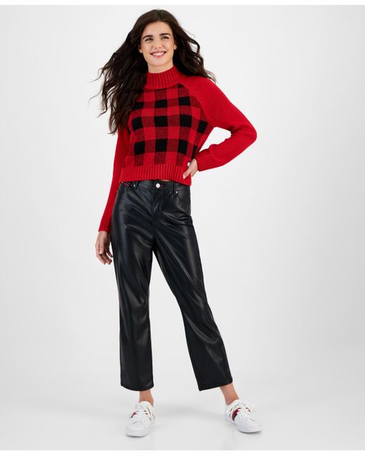 Tommy Hilfiger Mid-rise Faux-leather Straight-leg Pants in Red | Lyst