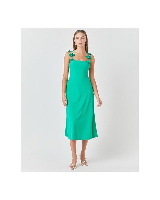 Endless Rose Green Rosette-strap Square-neck Midi Dress