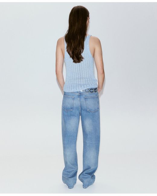 Mango Blue Metallic Openwork Knit Top