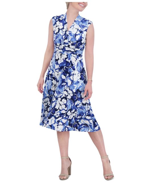 Jessica Howard Blue Petite Tonal Floral Surplice-neck Dress