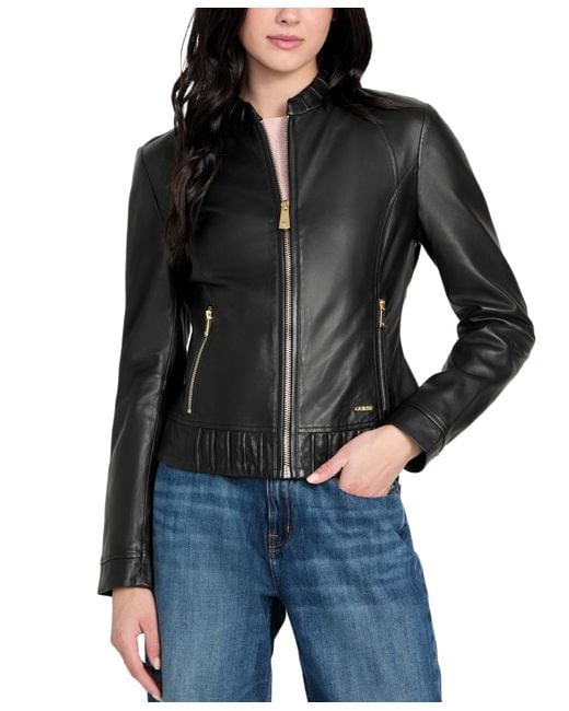 Guess Black Collarless Zip-front Leather Jacket