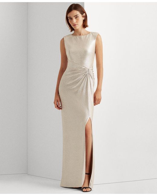 Lauren by Ralph Lauren White Metallic Sleeveless Side-slit Gown