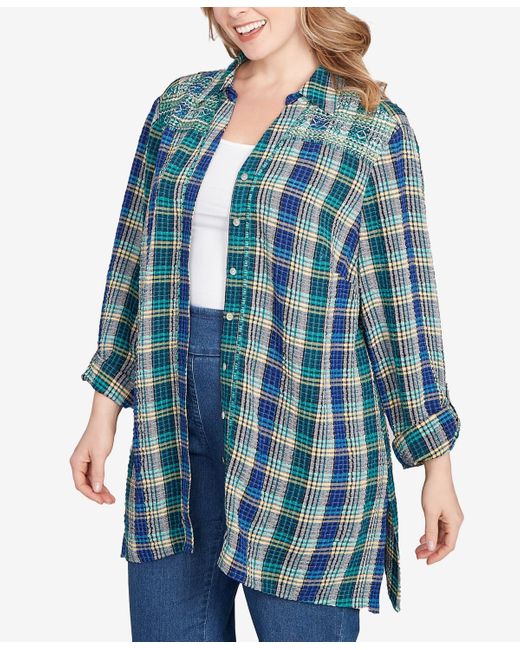 Ruby Rd Blue Plus Size Embroidered Plaid Button Down Top