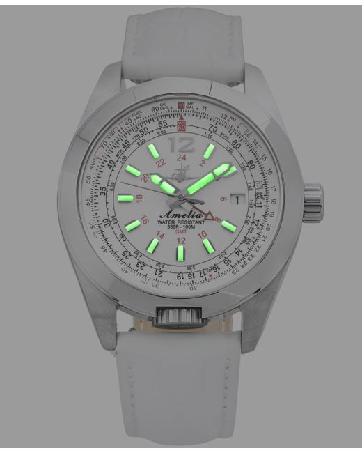 Abingdon Co. Gray Amelia Gmt Multifunctional Genuine White Calf Leather Strap Watch 40mm