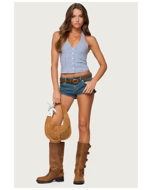 Edikted Blue Evan Gingham Button Up Halter Top