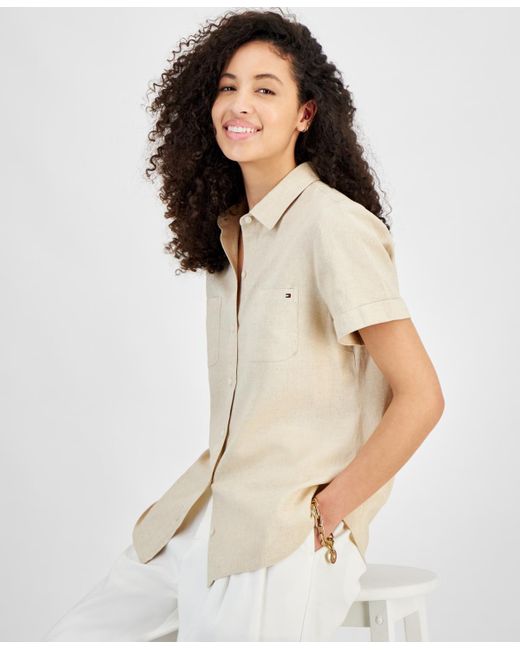 Tommy Hilfiger Natural Linen-blend Short-sleeve Button-front Shirt